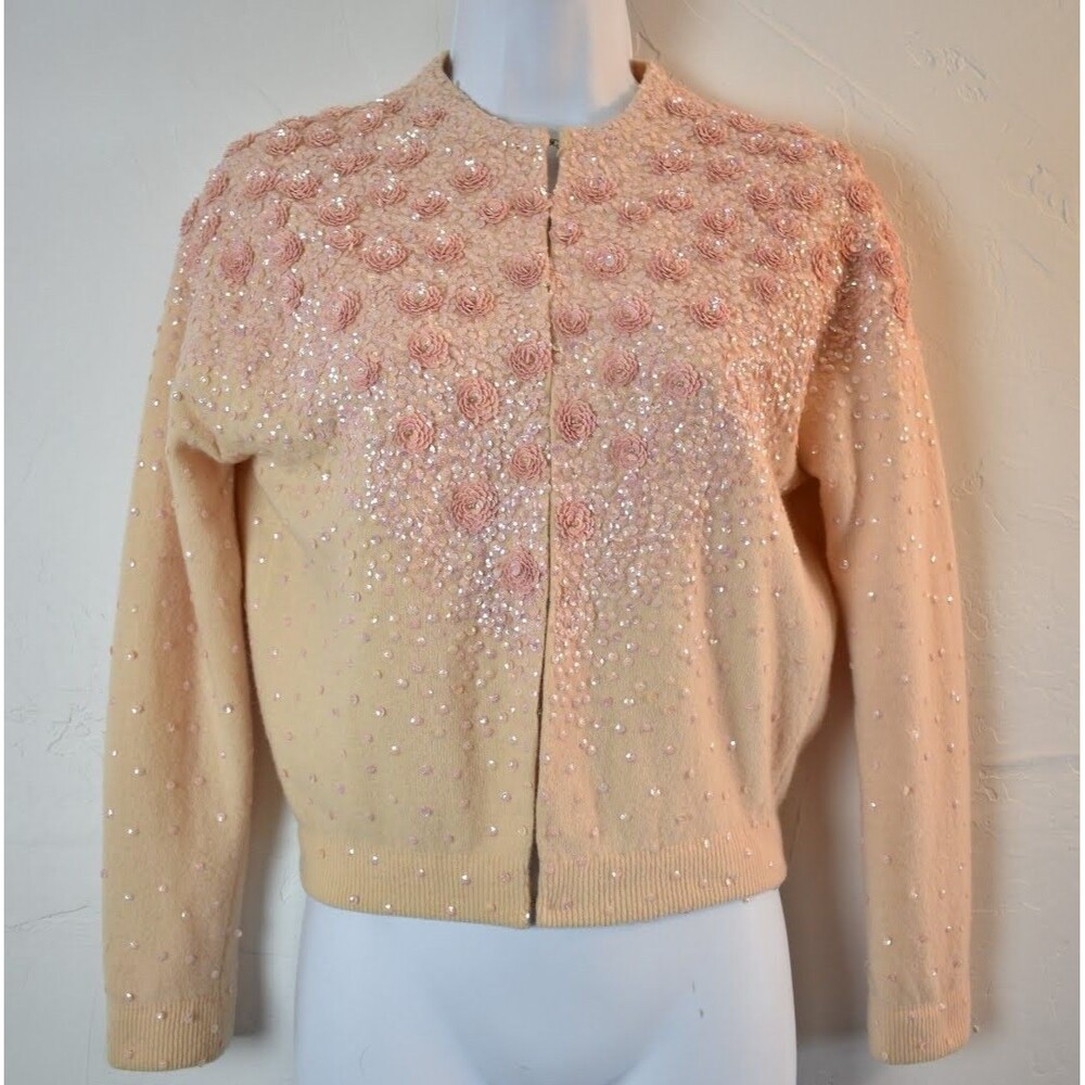 Vintage 1950s Banff Pink Rose Sequin Encrusted Cardigan